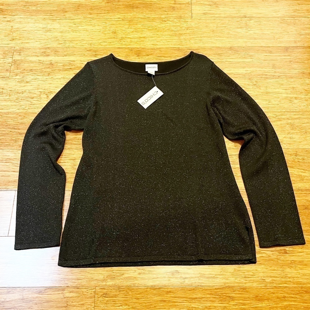 NWT! Chico's Diva Ritz black metallic long sleeve silk blend pullover top.Large